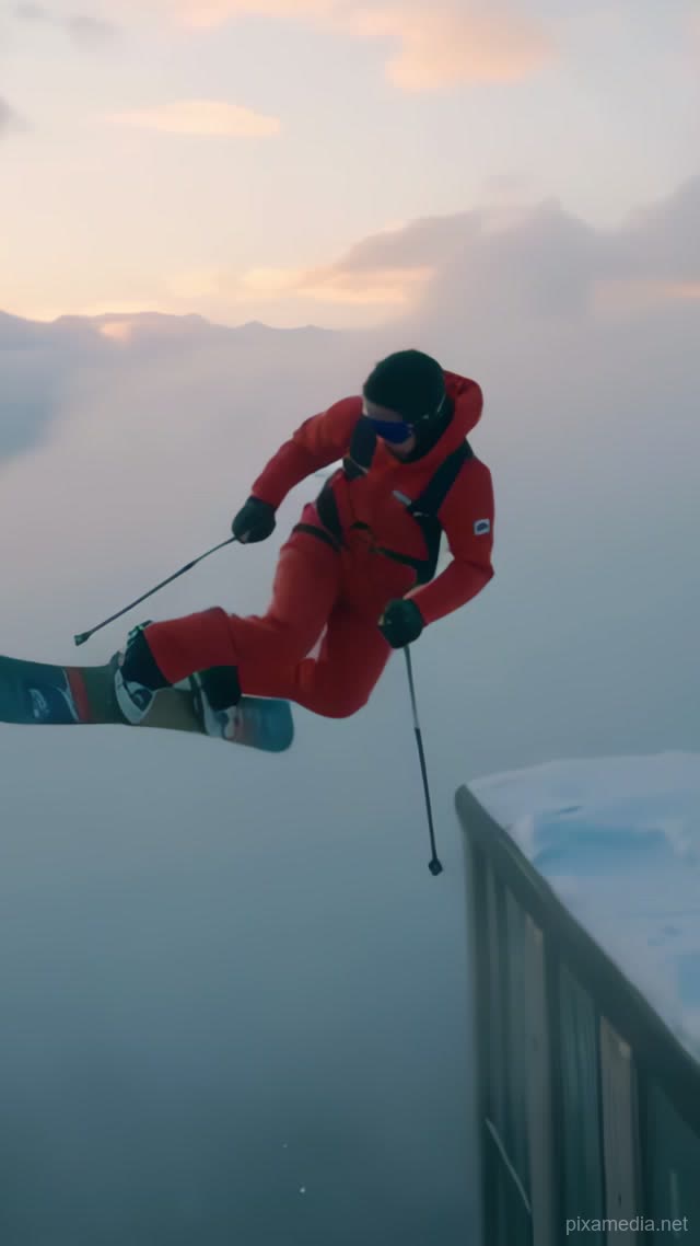 Scarlet Skier Above Fogged Towers - Extreme Sports AI stock